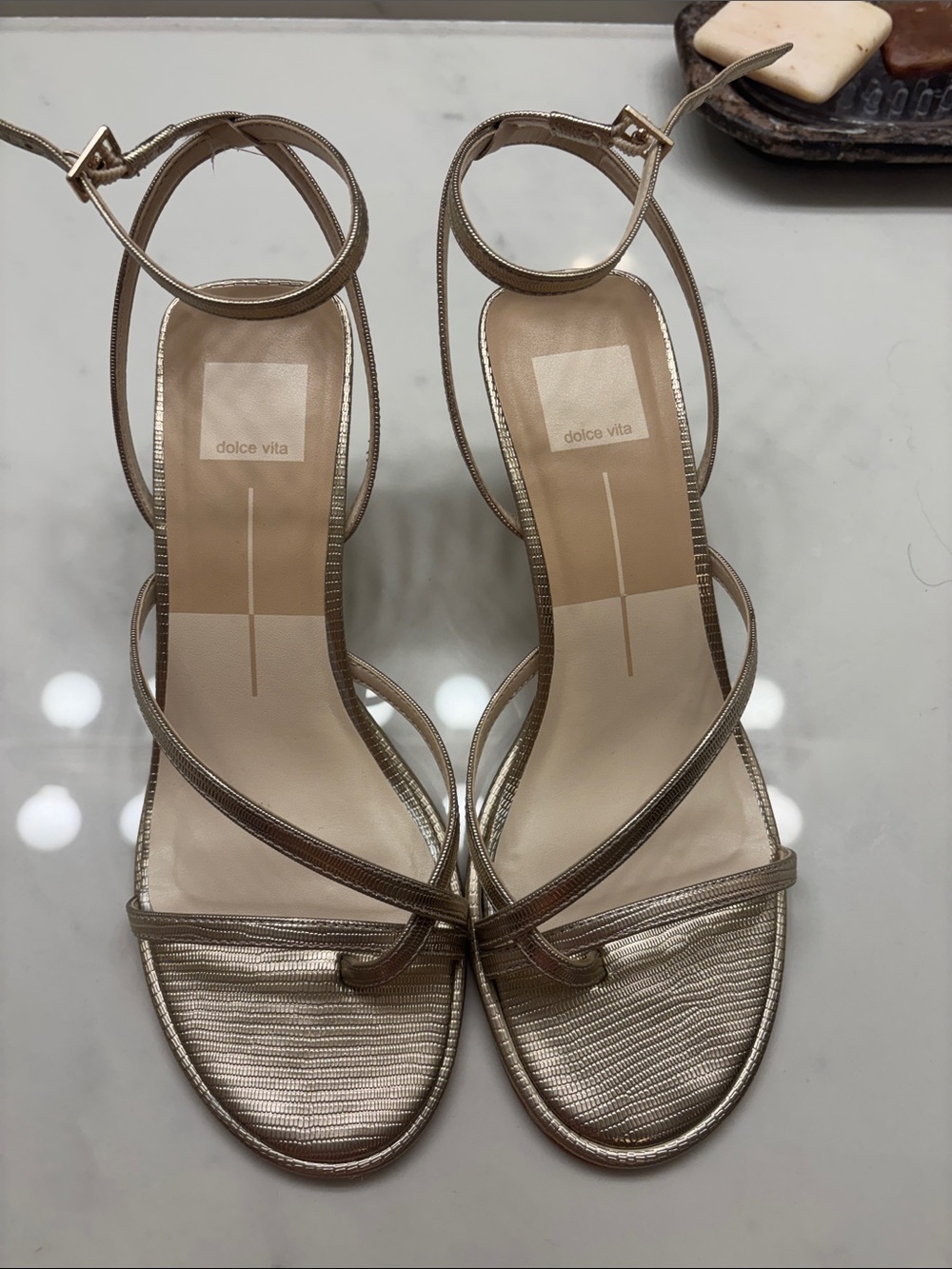 Dolce Vita Shimmery Gold Strappy Ankle-Heel Sandals